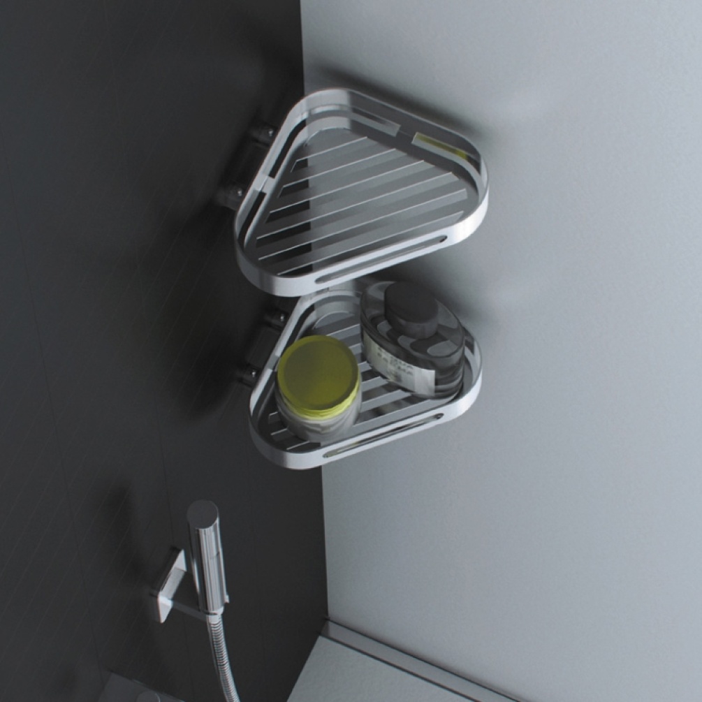 Product Lifestyle image of two Origins Living S5 Polished Stainless Steel Fahrenheit Corner Baskets